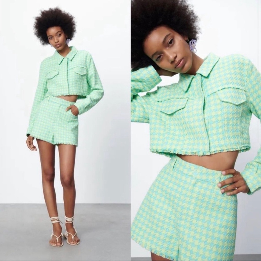 Zara Green & Blue Textured Gingham Co-Ord Crop Jacket & Shorts NWT Both size M